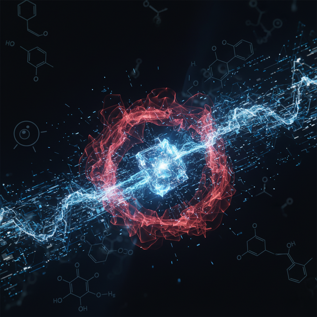 Abstract digital representation of data flowing, symbolising AI models and risk assessment, with a subtle overlay of chemical or biological symbols.